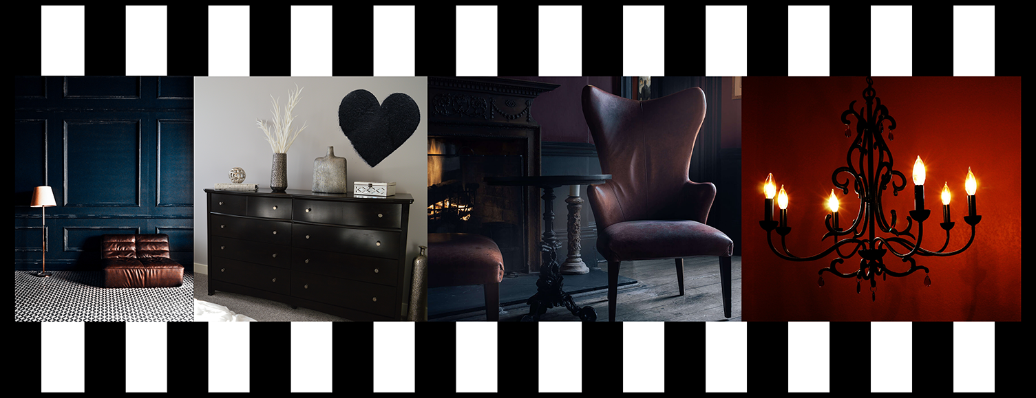 A row of images featuring Goth decor including a black and white tiled floor, distressed black walls, a black dresser with a black heart wall decal, a purple gothic chair in a victorian room and a black chandelier with a red background.
