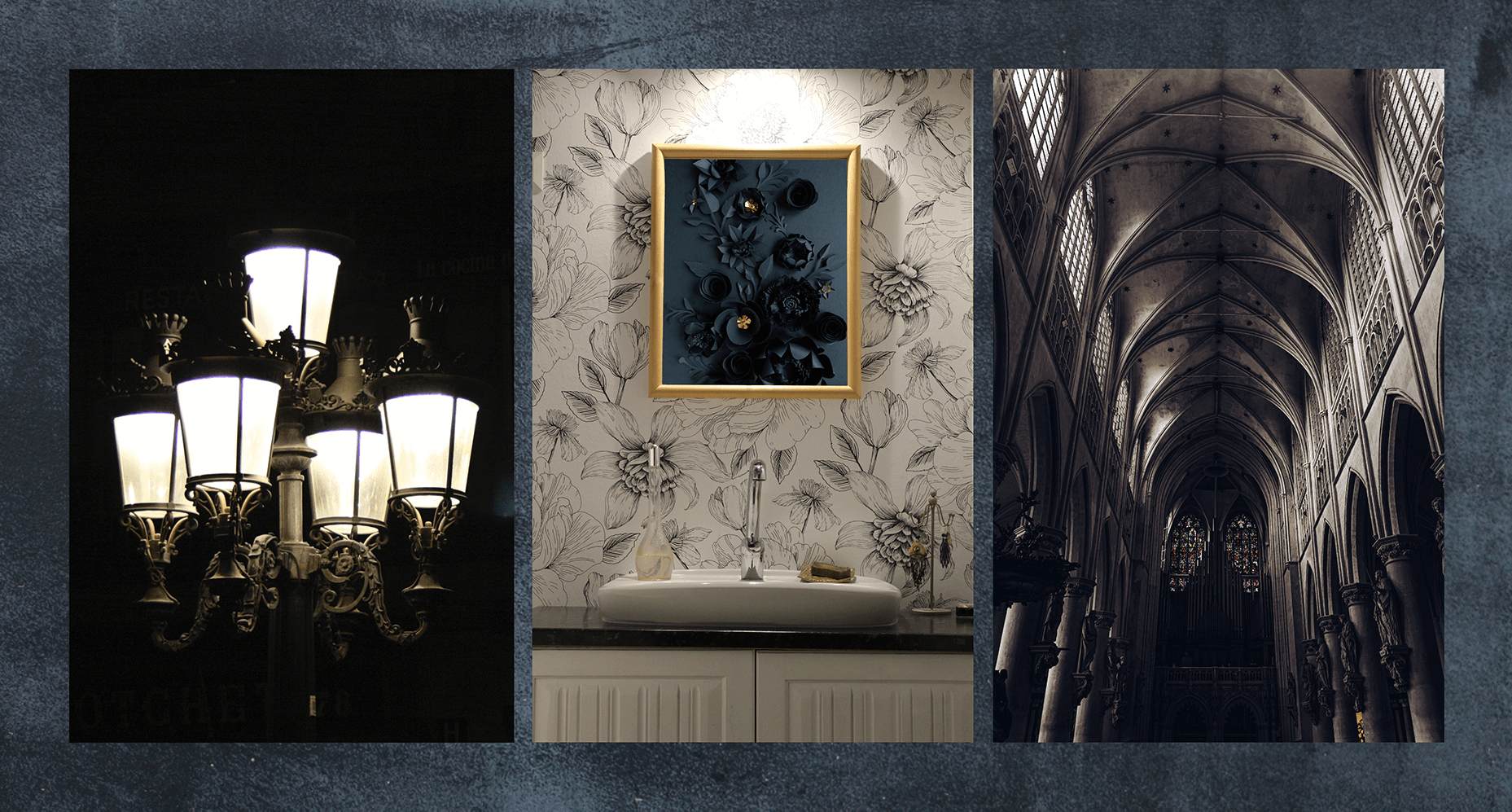 A row of images featuring Goth decor, including a gothic Victorian street lamp, a sink backsplash with black and white floral wallpaper, and a gothic cathedral's interior. 